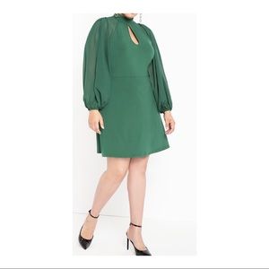 Slit High-neck Sheer Sleeve Tea Length Green Dress